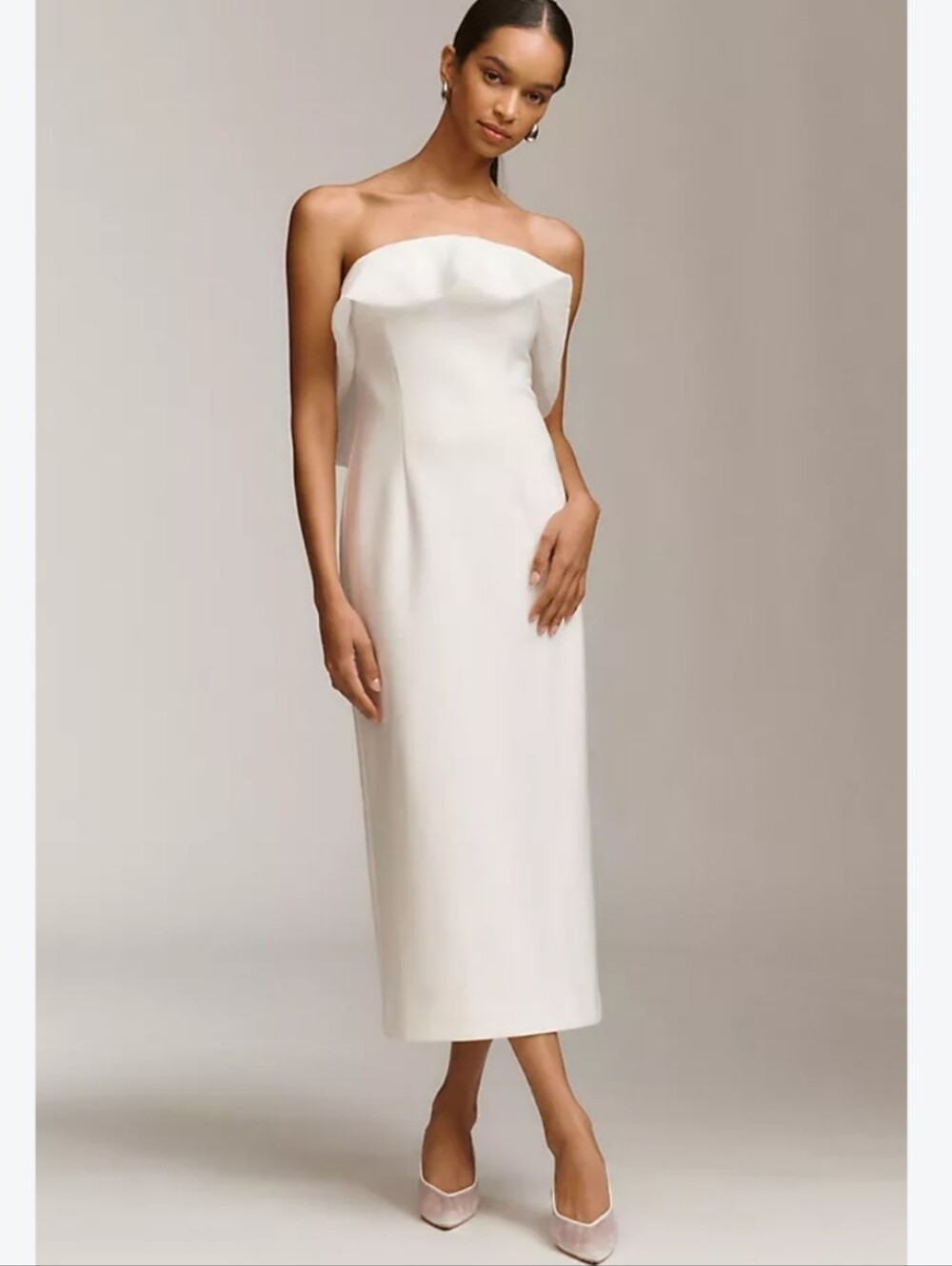 BHLDN Strapless Chiffon Ruffle Slim White/Cream Midi Dress/ Anthropologie